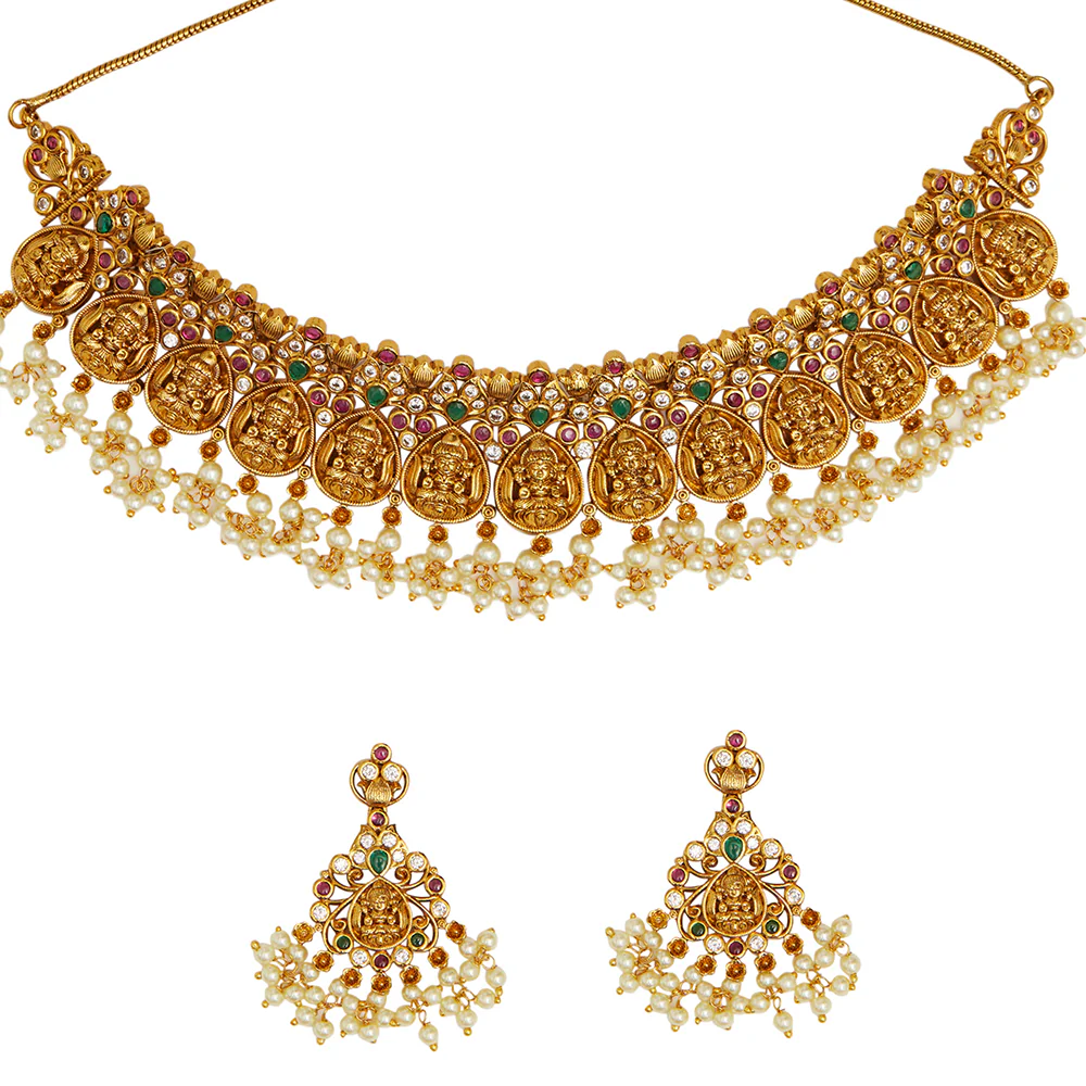 Cluster Faux Pearls and Zircons Adorned Brass Gold Toned Temple Jewellery Set - Image 4