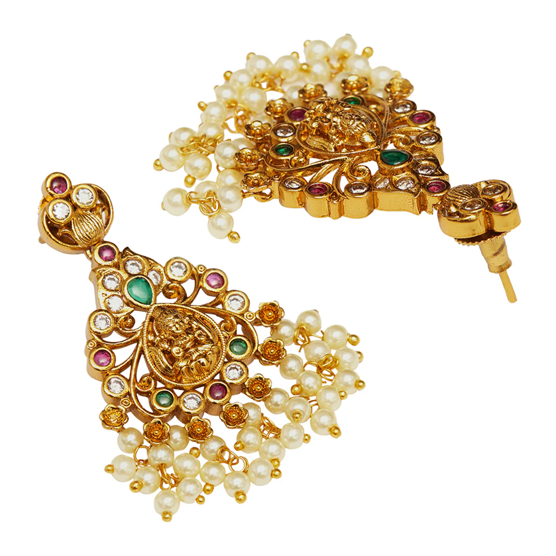 Cluster Faux Pearls and Zircons Adorned Brass Gold Toned Temple Jewellery Set - Image 5