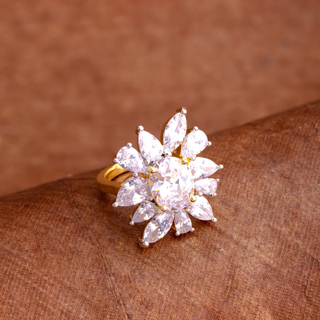 Cluster Setting American Diamond Gems Floral Motif Ring