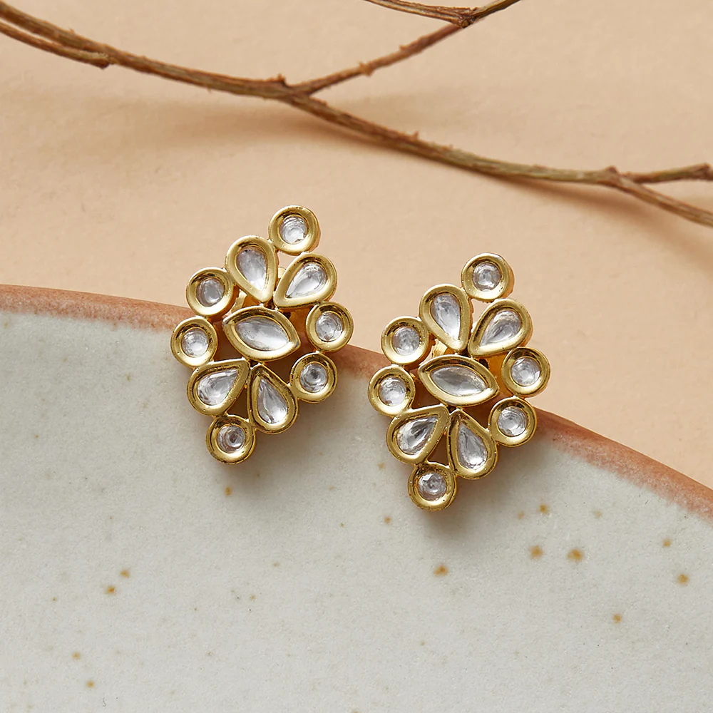 Cluster Setting Faux Kundan Gold Toned Stud Style Earrings