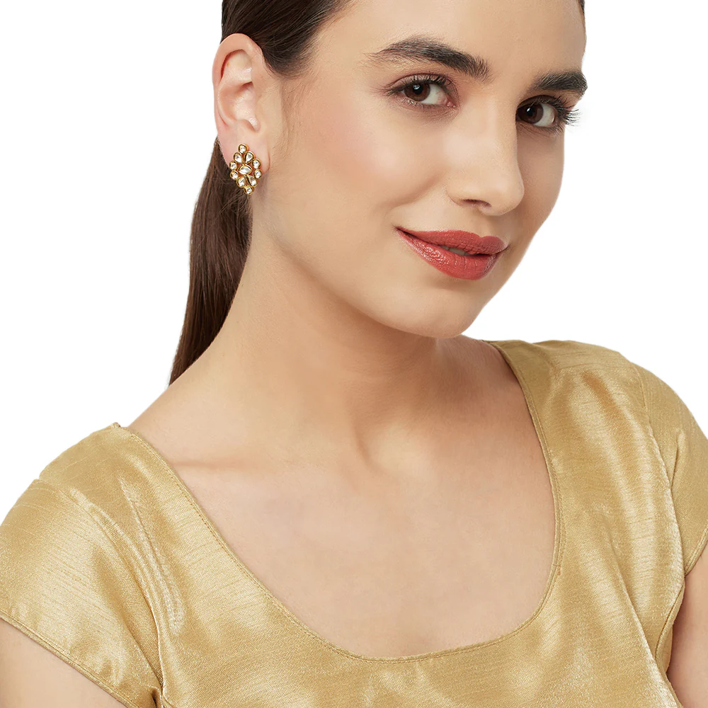 Cluster Setting Faux Kundan Gold Toned Stud Style Earrings - Image 2
