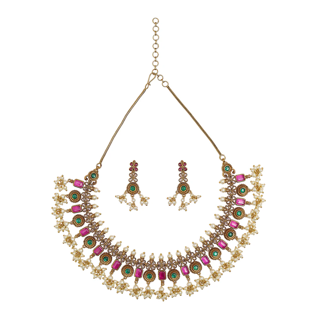 Cluster Setting Faux Pearls and CZ Brass Yellow Gold Plated Jewellery Set - Image 3