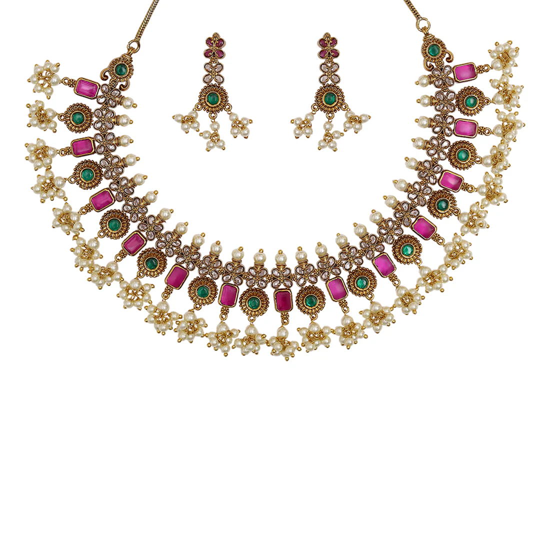Cluster Setting Faux Pearls and CZ Brass Yellow Gold Plated Jewellery Set - Image 4