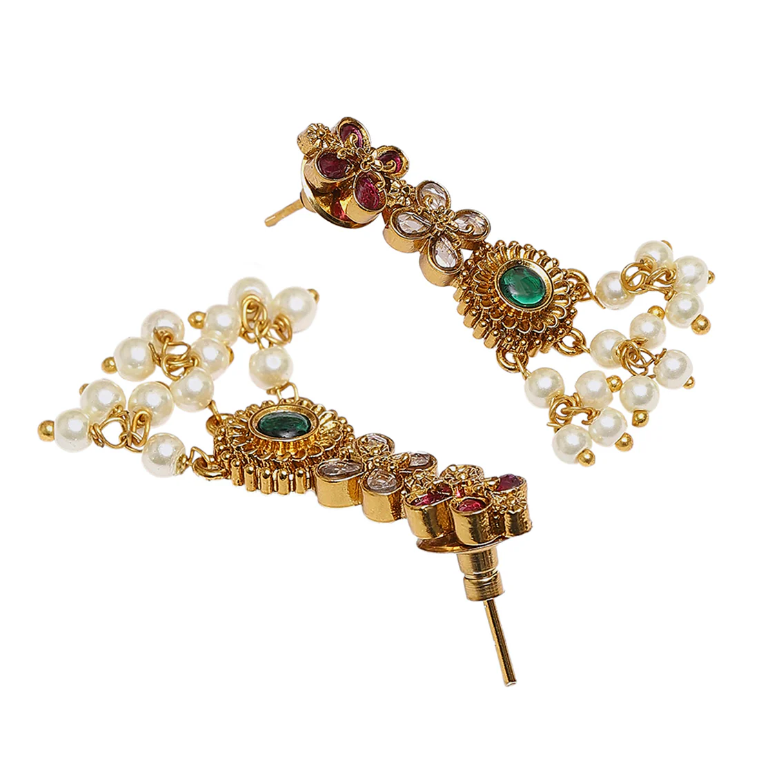 Cluster Setting Faux Pearls and CZ Brass Yellow Gold Plated Jewellery Set - Image 5