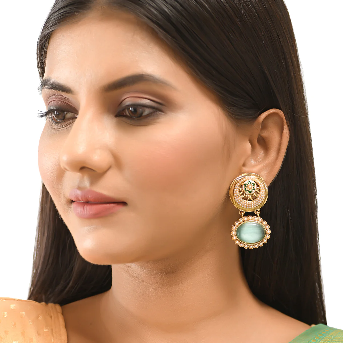 Cluster Setting Faux Pearls Brass Yellow Gold Plated Drop Earrings - Image 2