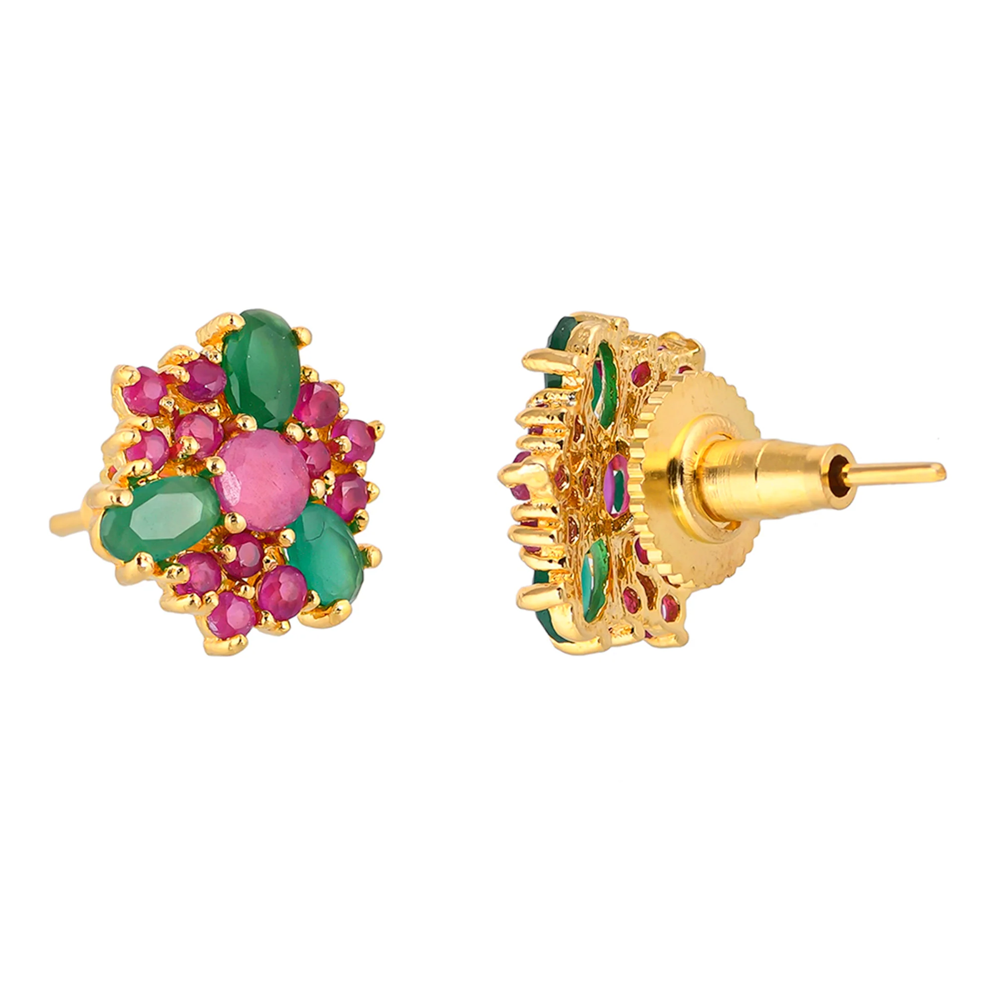 Cluster Setting Green and Red CZ Stud Earrings - Image 5