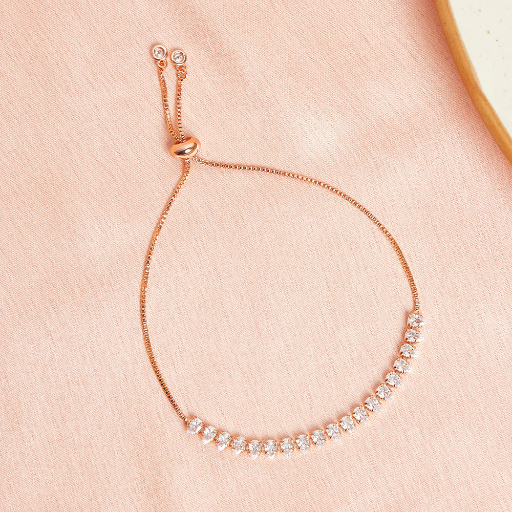Cluster Setting Pear Cut CZ Adorned Rose Gold Plated Brass Bracelet