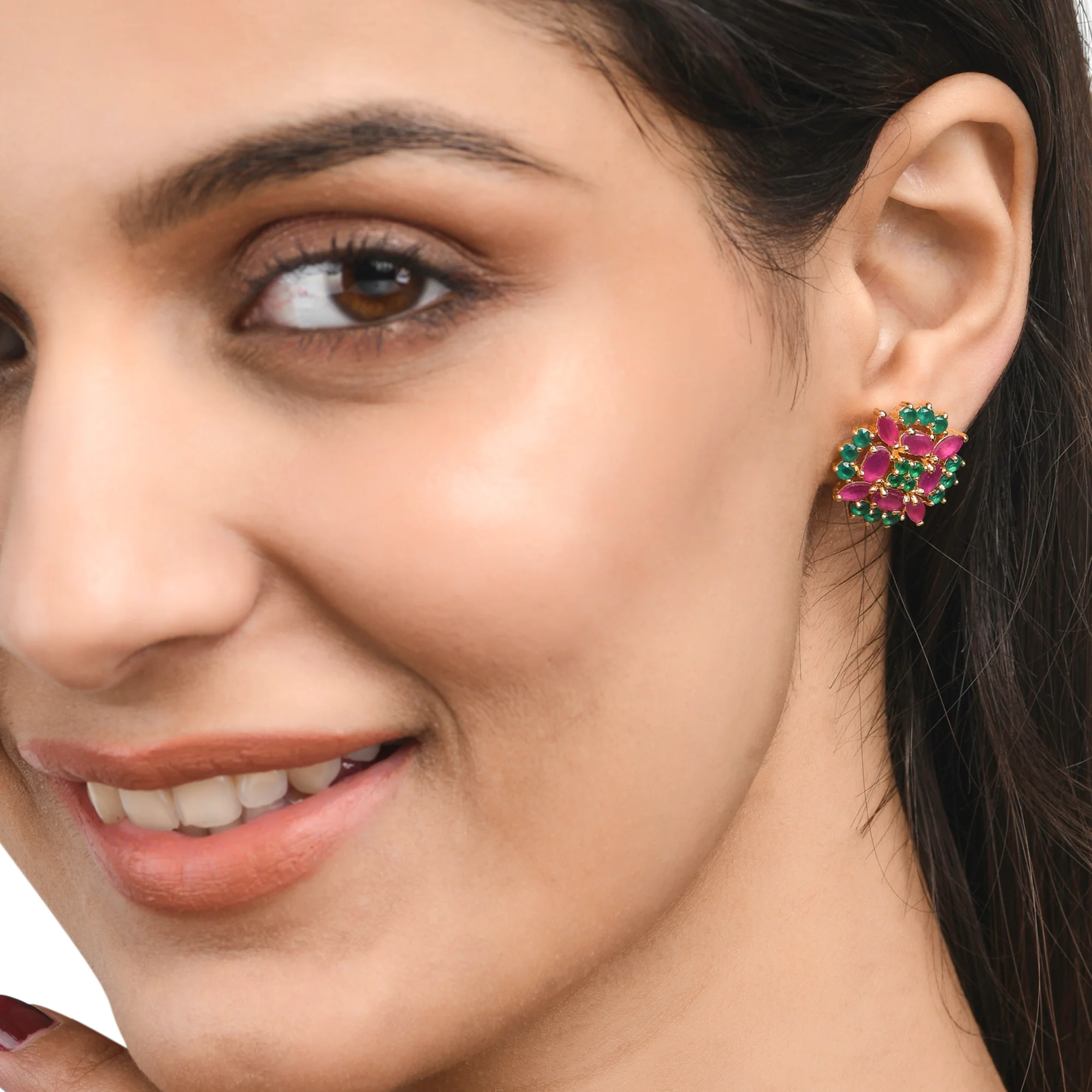 Cluster Setting Pink and Green CZ Gems Stud Earrings - Image 2
