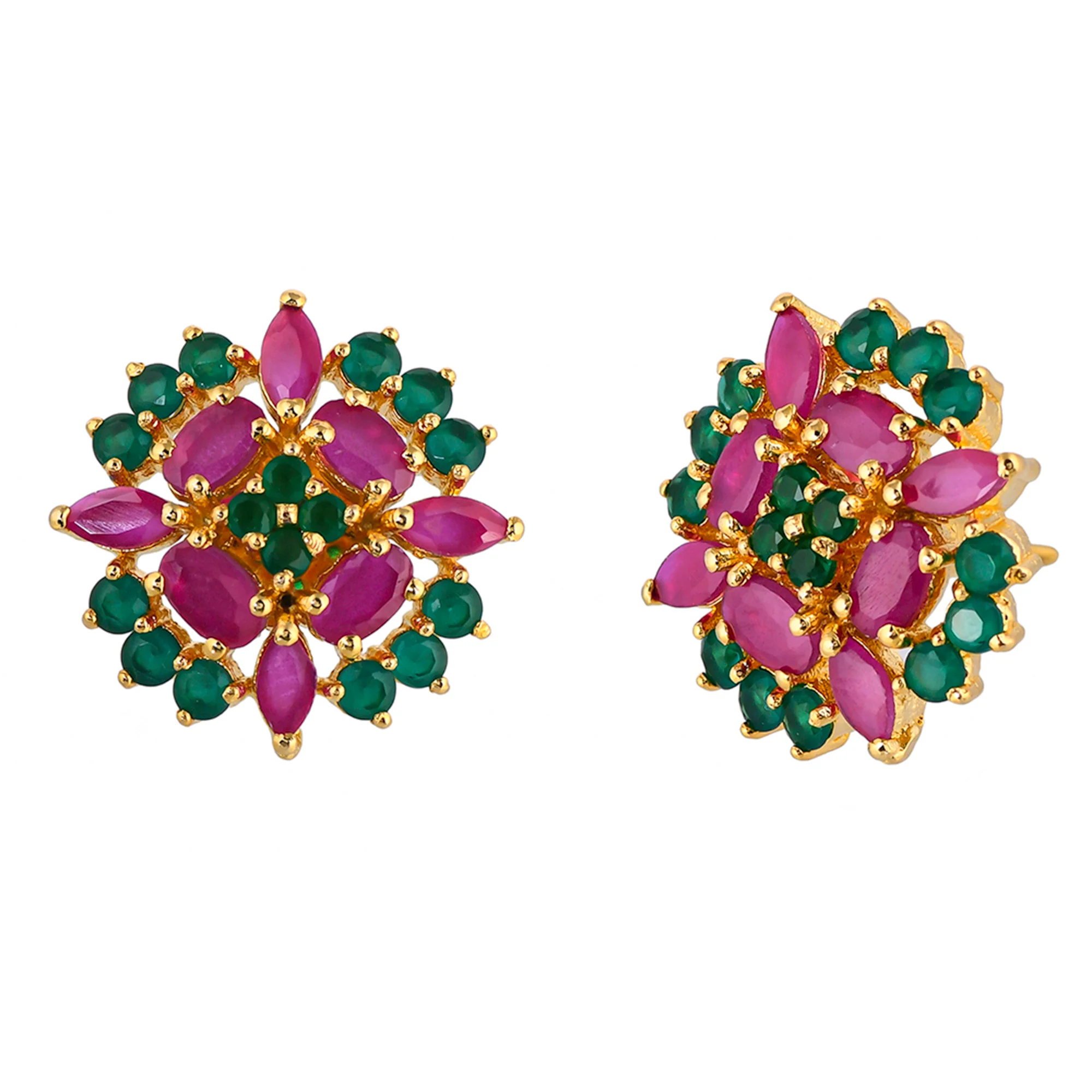 Cluster Setting Pink and Green CZ Gems Stud Earrings - Image 4