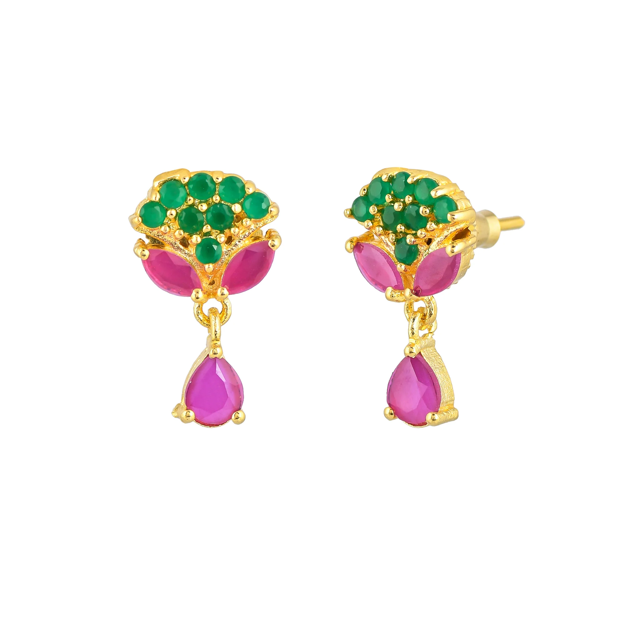 Cluster Setting Pink and Green CZ Tiny Drop Earrings - Image 4