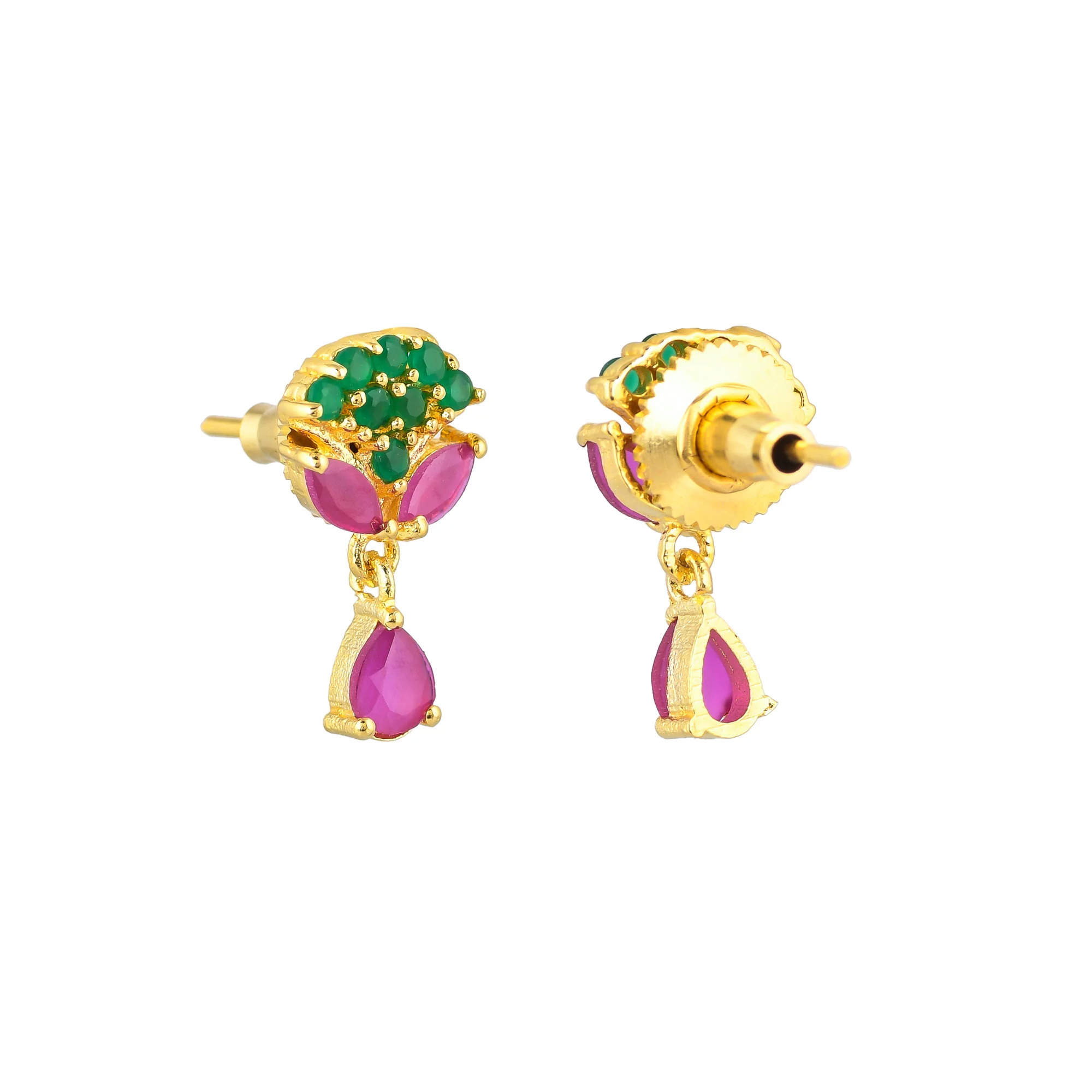Cluster Setting Pink and Green CZ Tiny Drop Earrings - Image 5