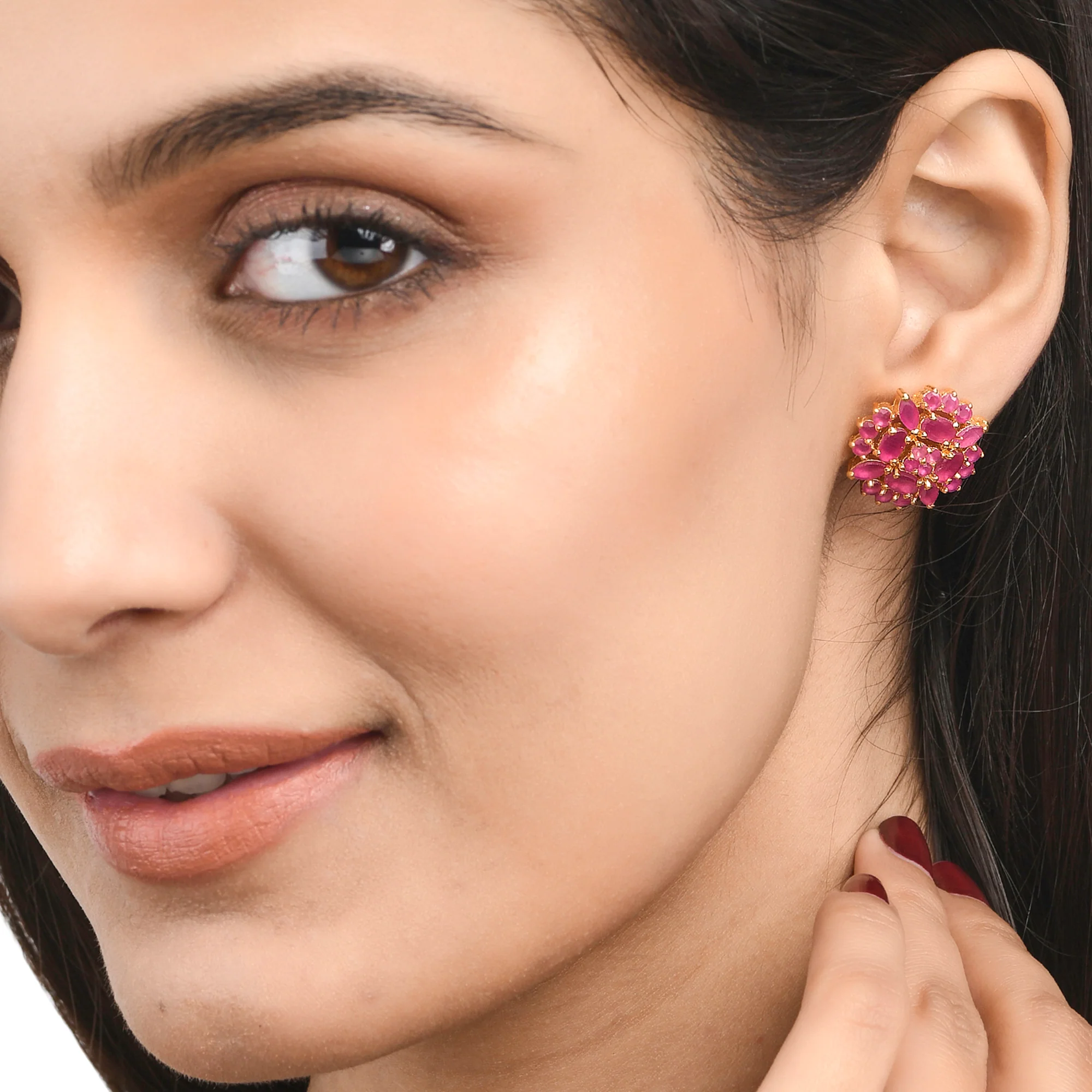 Cluster Setting Pink CZ Gems Stud Earrings - Image 2