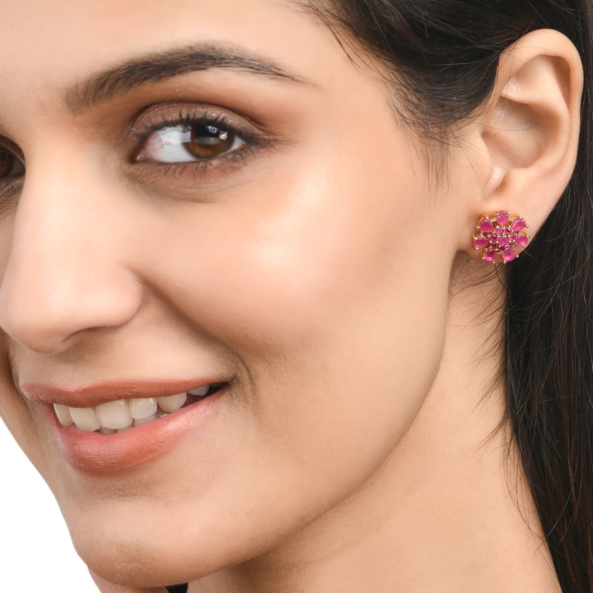 Cluster Setting Pink Zircon Gems Stud Earrings - Image 2
