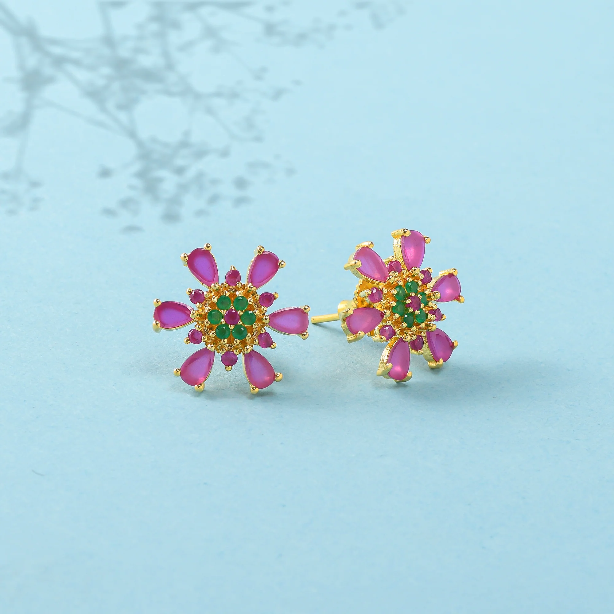 Cluster Setting Teardrop Green and Pink CZ Stud Earrings
