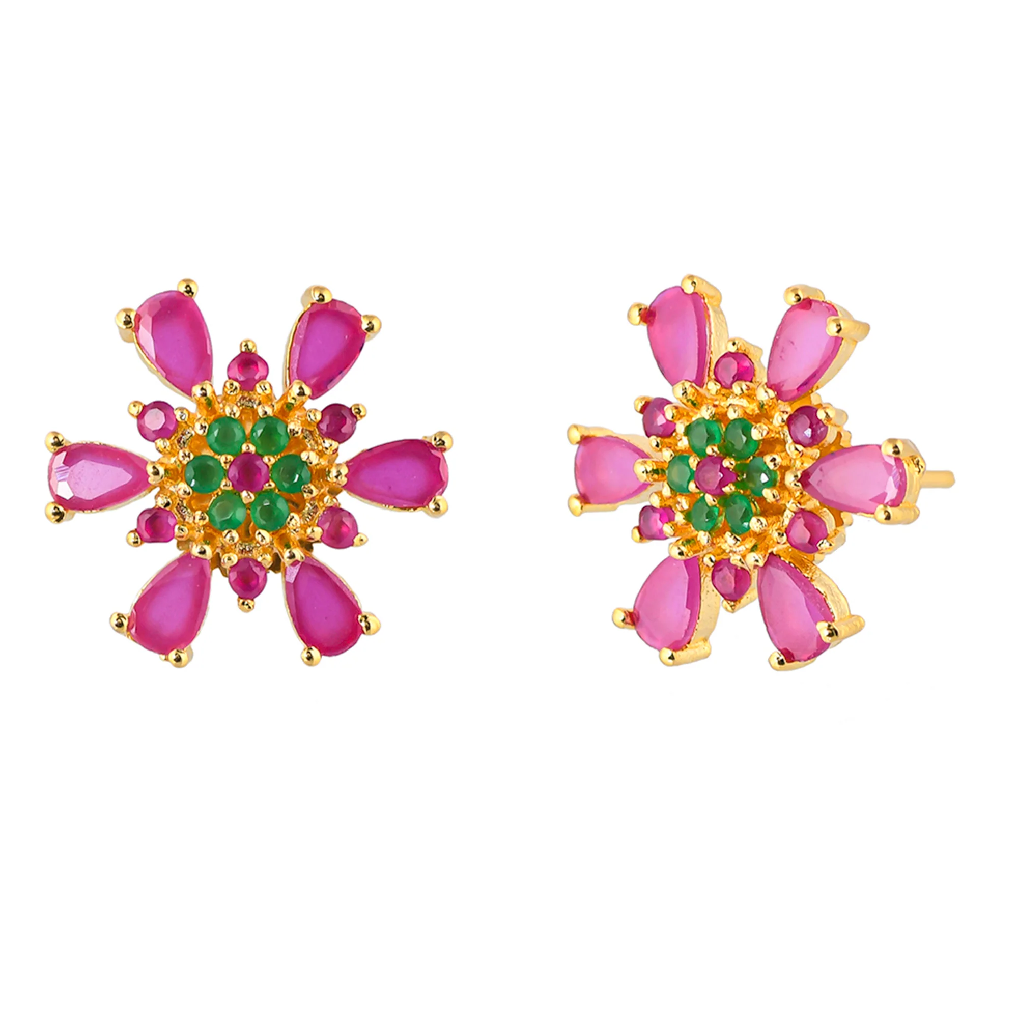 Cluster Setting Teardrop Green and Pink CZ Stud Earrings - Image 4
