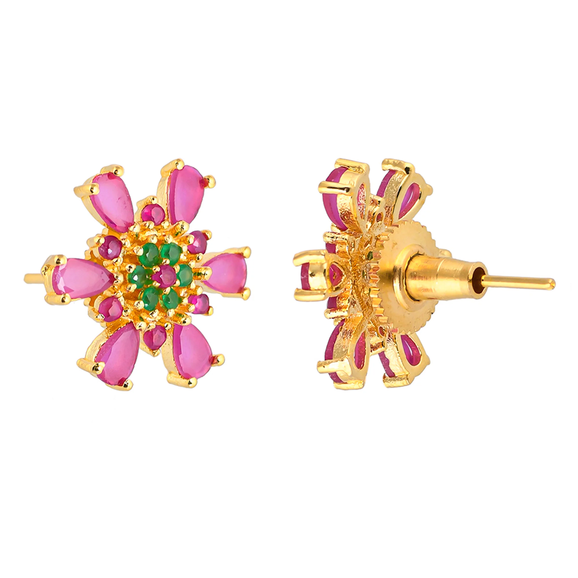 Cluster Setting Teardrop Green and Pink CZ Stud Earrings - Image 5