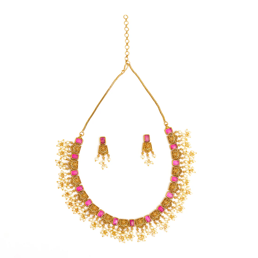 Cluster White Faux Pearls Gold Plated Brass Jewellery Set - Image 3