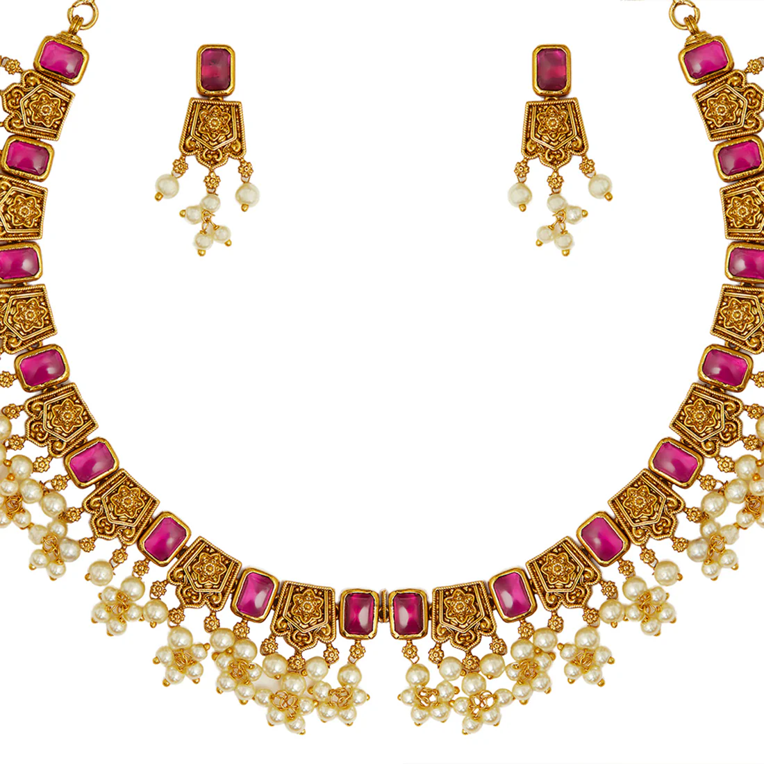Cluster White Faux Pearls Gold Plated Brass Jewellery Set - Image 4
