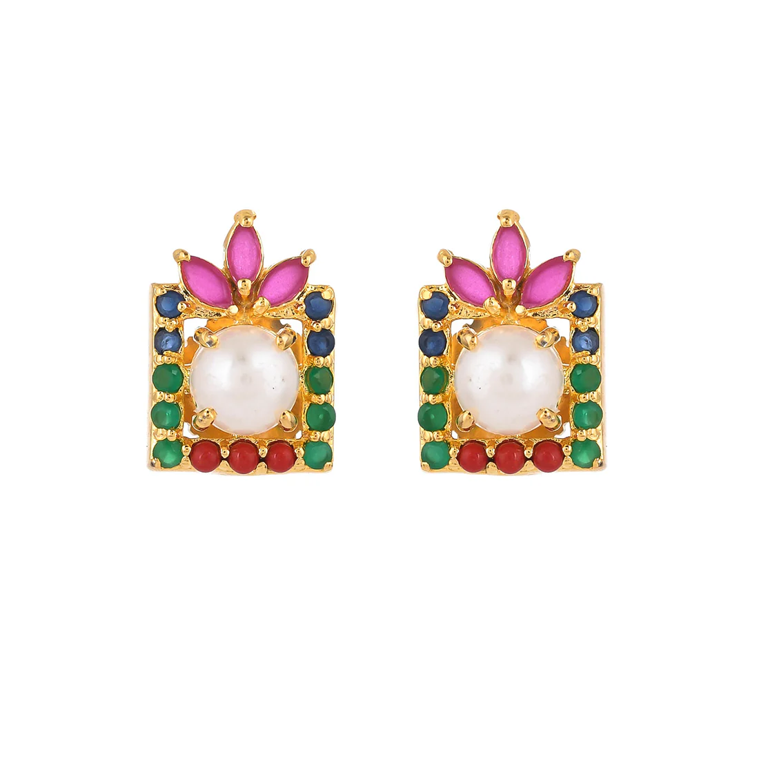 Coloured Cz And White Pearl Stud Earrings - Image 3