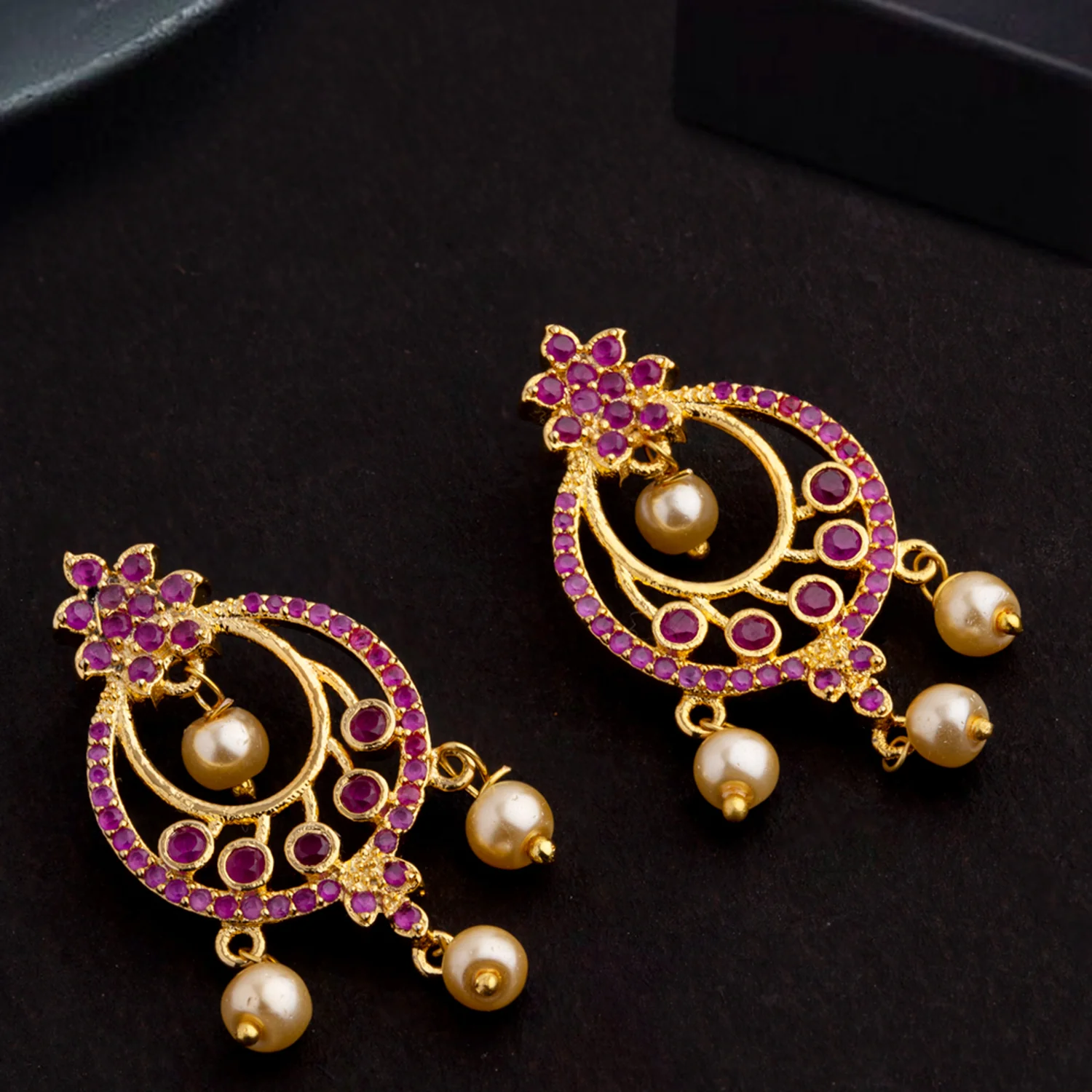 Coloured CZ Gems and Faux Pearls Earrings
