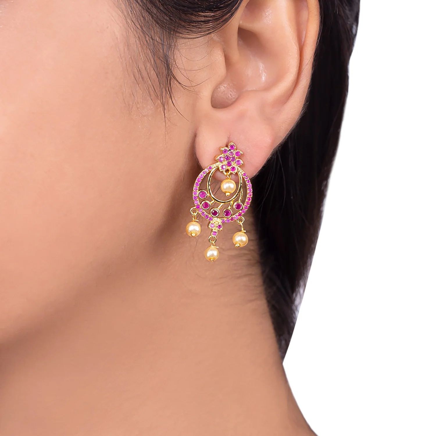 Coloured CZ Gems and Faux Pearls Earrings - Image 2