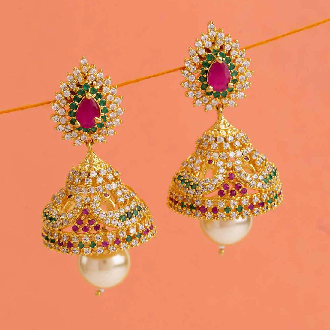 Coloured Gems Adorned Jhumka Earrings