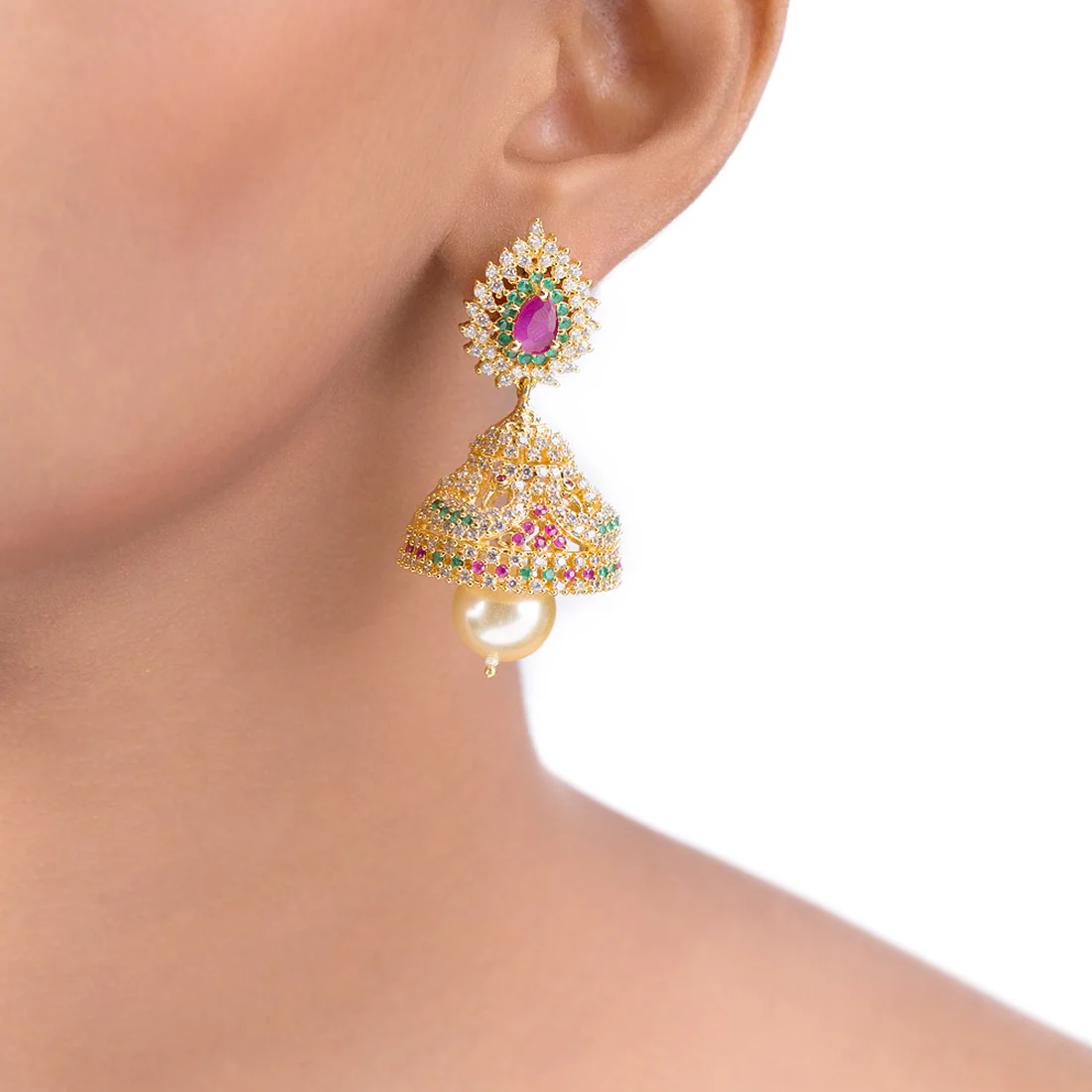 Coloured Gems Adorned Jhumka Earrings - Image 2