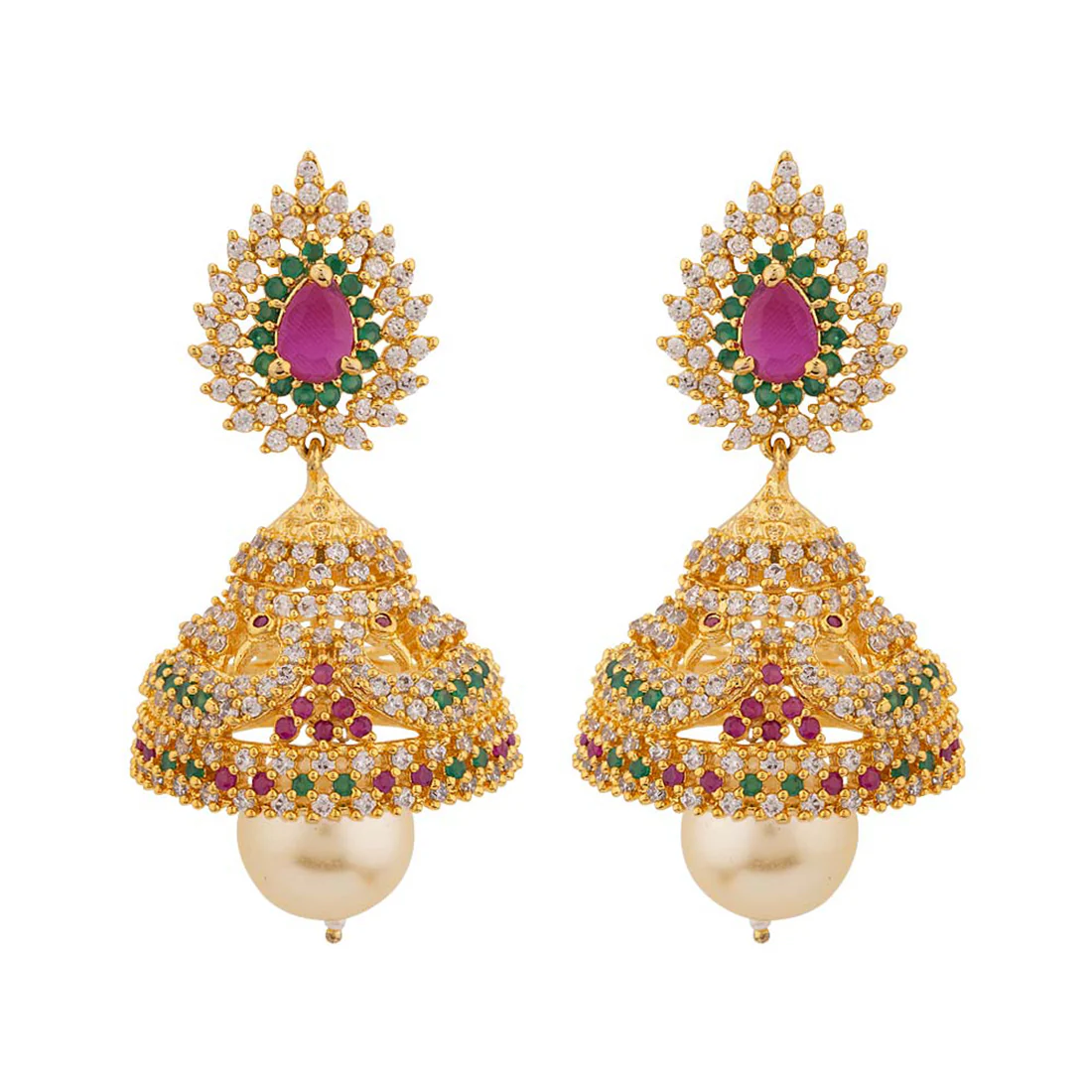 Coloured Gems Adorned Jhumka Earrings - Image 3