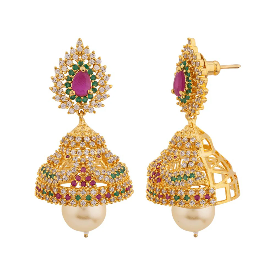 Coloured Gems Adorned Jhumka Earrings - Image 4