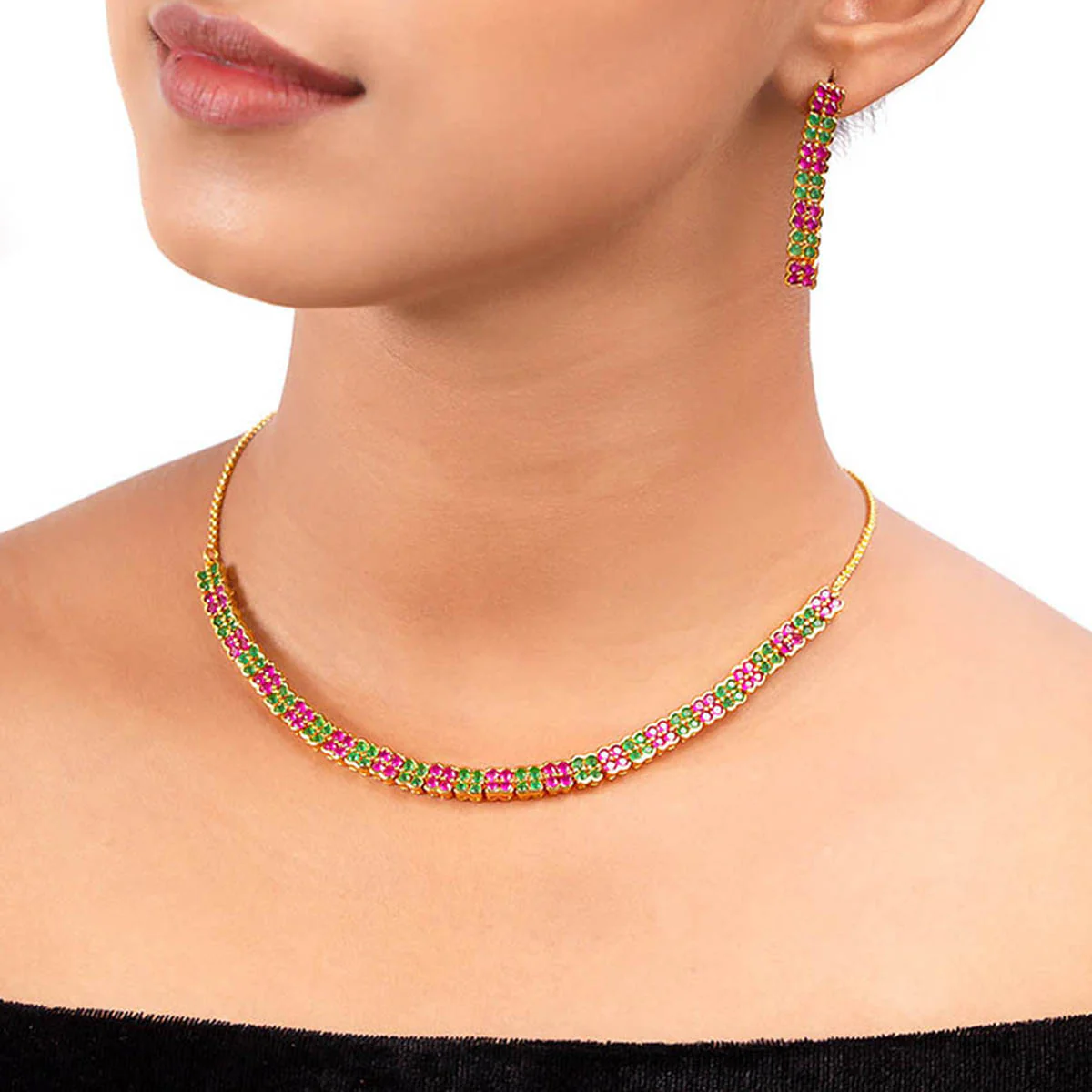Coloured Gems Embellished Necklace Set - Image 2