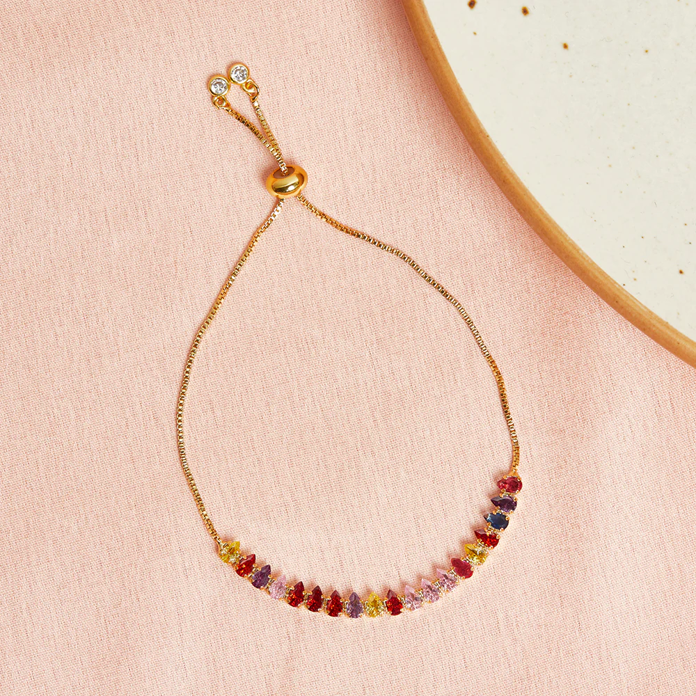 Coloured Teardrop Cut CZ Adorned Brass Gold Plated Chain Bracelet