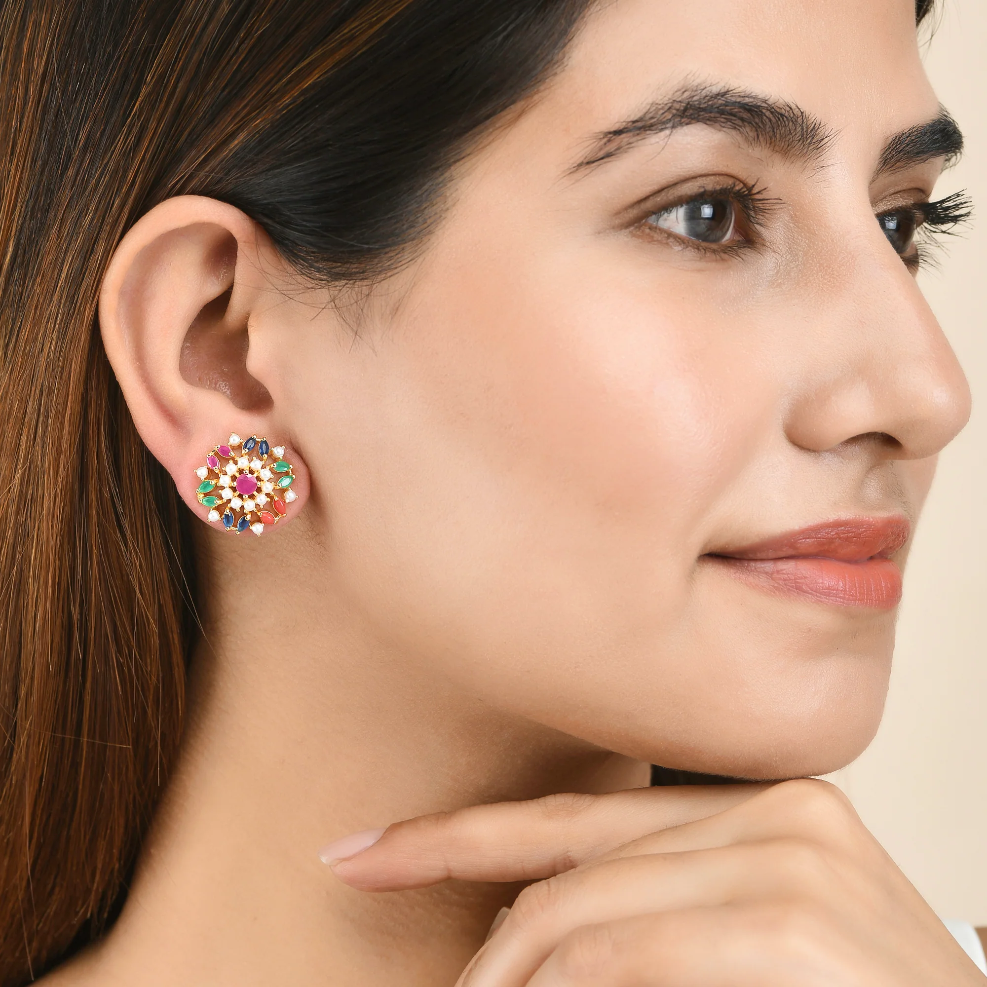 Coloured Zircon Gems and White Pearl Beads Stud Earrings - Image 2