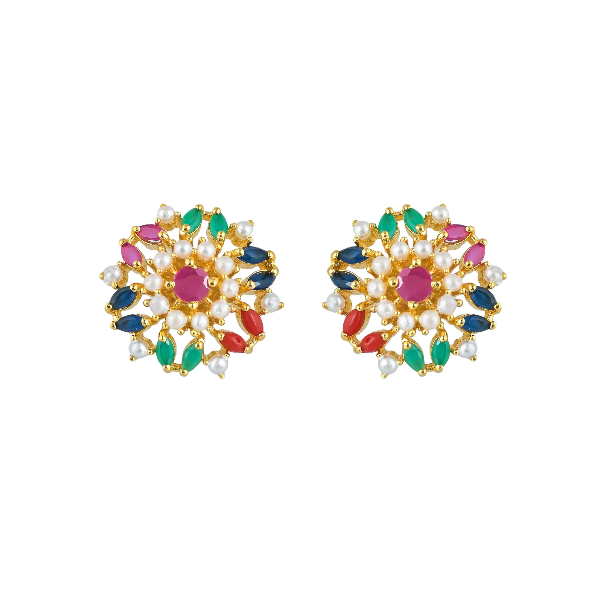Coloured Zircon Gems and White Pearl Beads Stud Earrings - Image 3