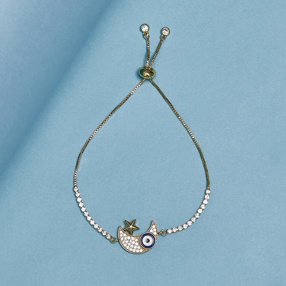Crescent and Star Evil Eye Charm Brass CZ Adorned Gold Plated Bracelet