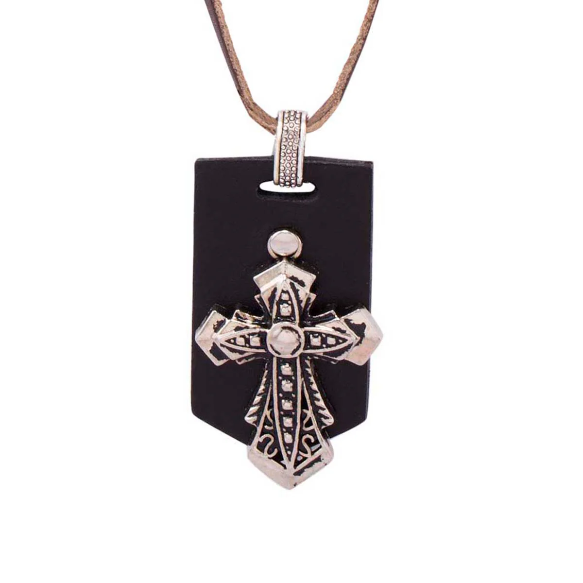 Cross Designer Pendant With Brown Leather Chain - Image 3