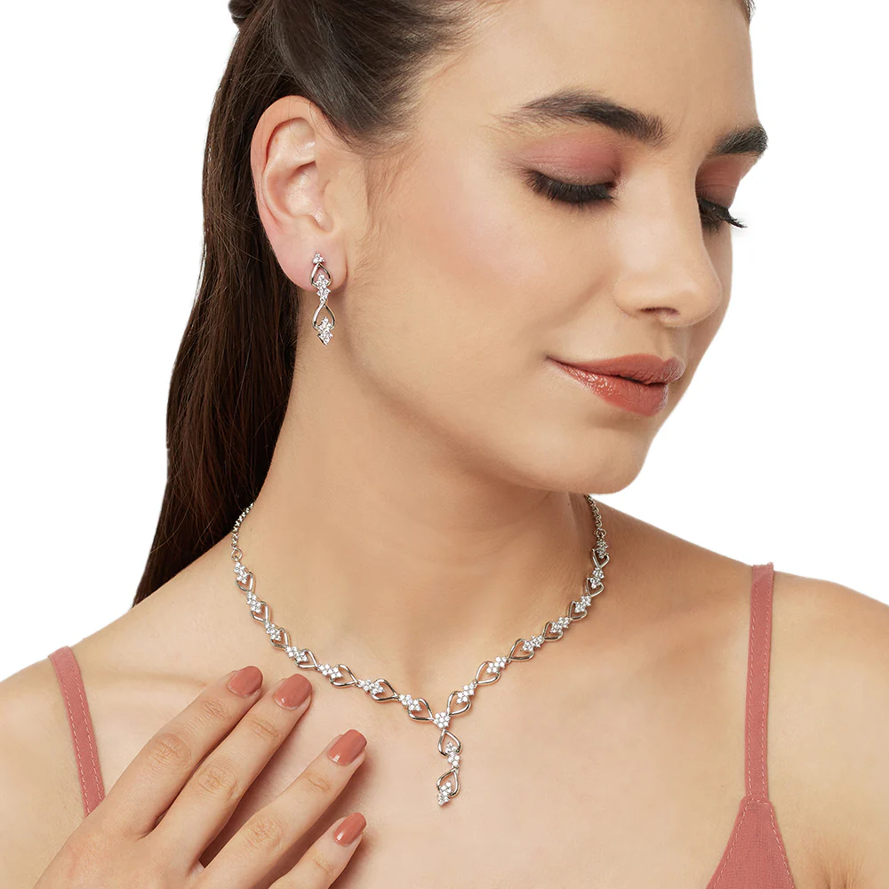 Cubic Zirconia Brass Silver Toned Jewellery Set - Image 2