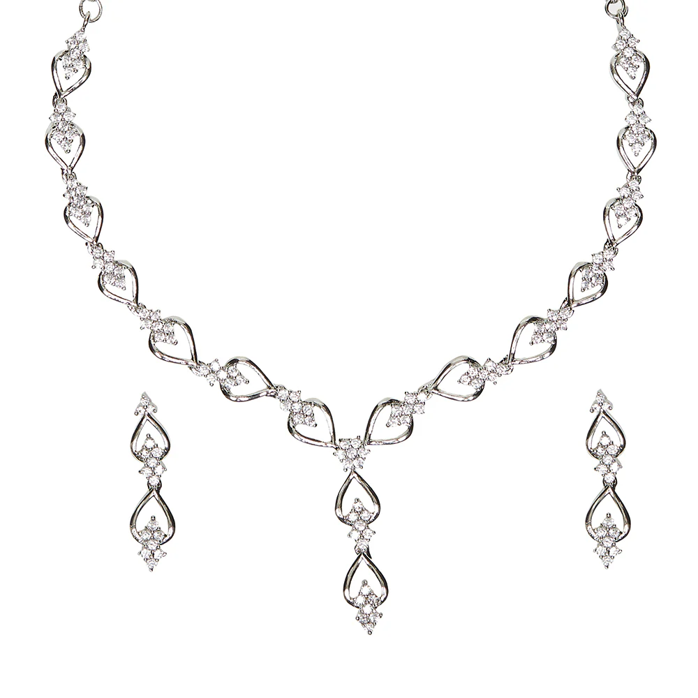Cubic Zirconia Brass Silver Toned Jewellery Set - Image 3