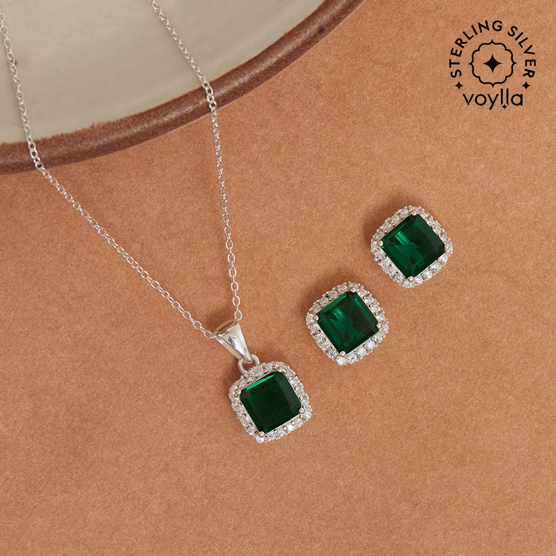 Cubic Zirconia Emerald Pave Short Pendant 925 Steling Silver Set