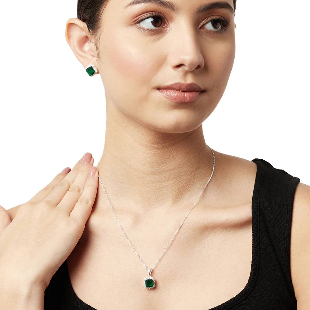 Cubic Zirconia Emerald Pave Short Pendant 925 Steling Silver Set - Image 2