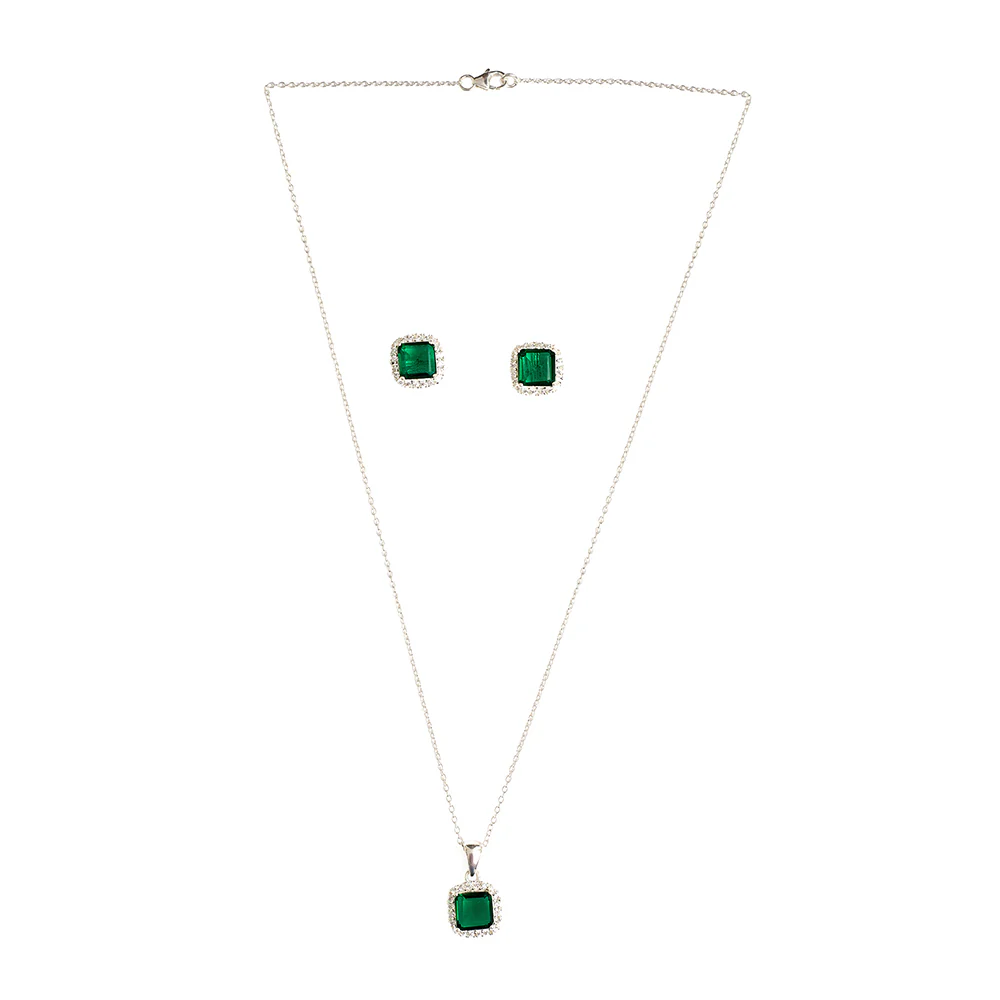 Cubic Zirconia Emerald Pave Short Pendant 925 Steling Silver Set - Image 3