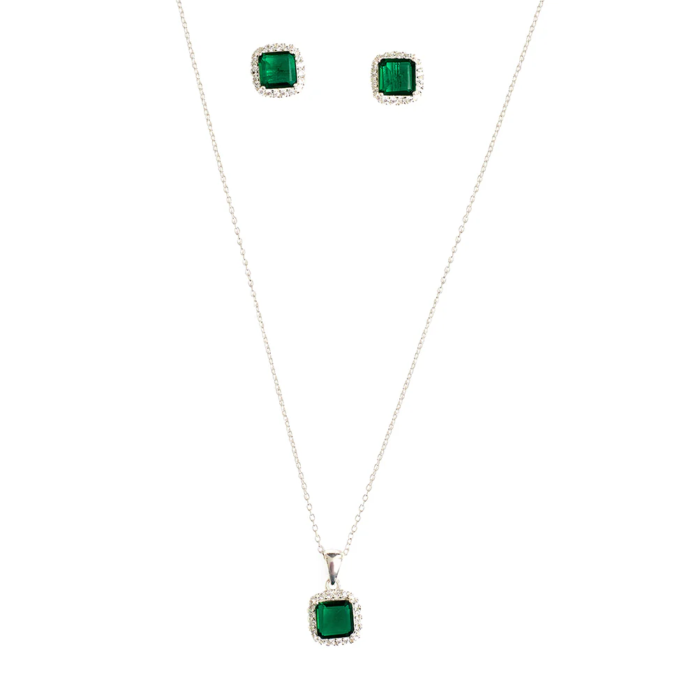 Cubic Zirconia Emerald Pave Short Pendant 925 Steling Silver Set - Image 4