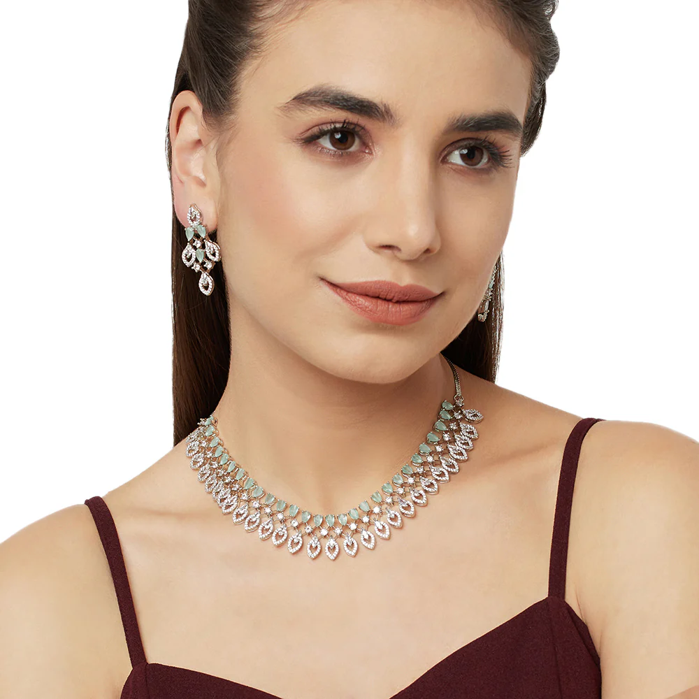Cubic Zirconia Gems Embellished Silver Plated Necklace Set - Image 2