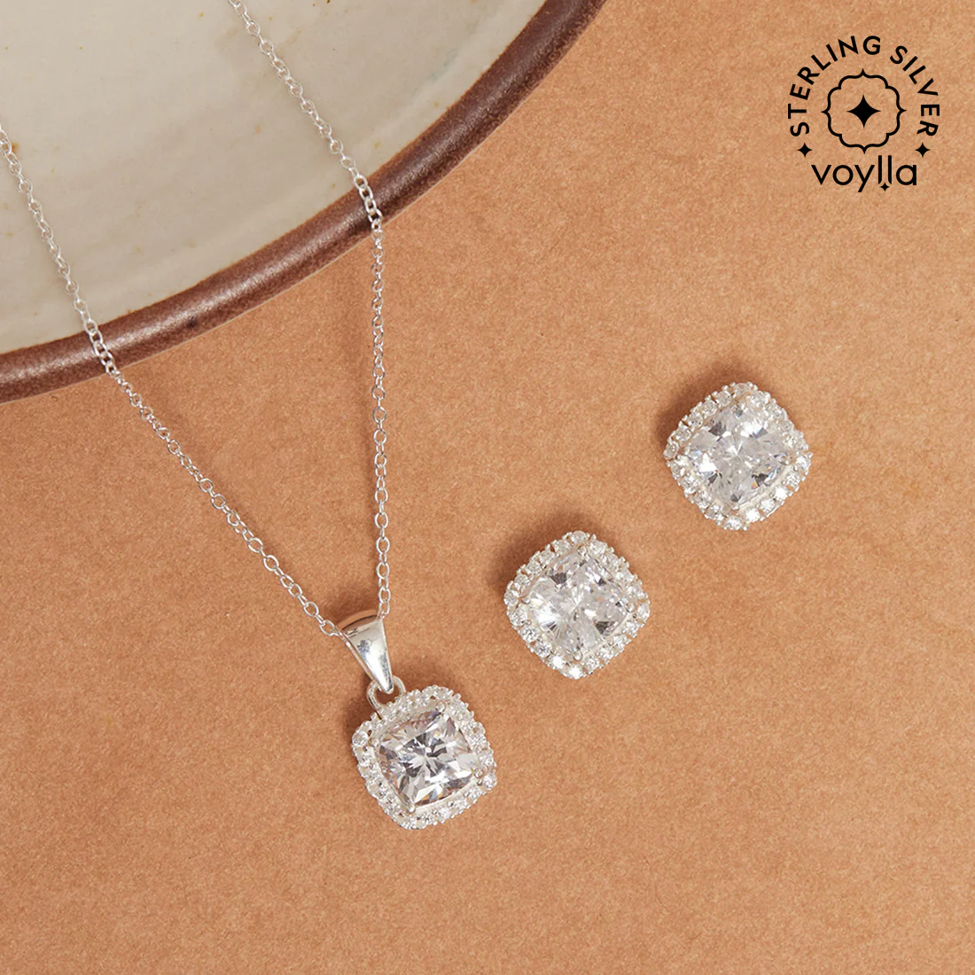 Cubic Zirconia Silver Pave Short Pendant 925 Steling Silver Set