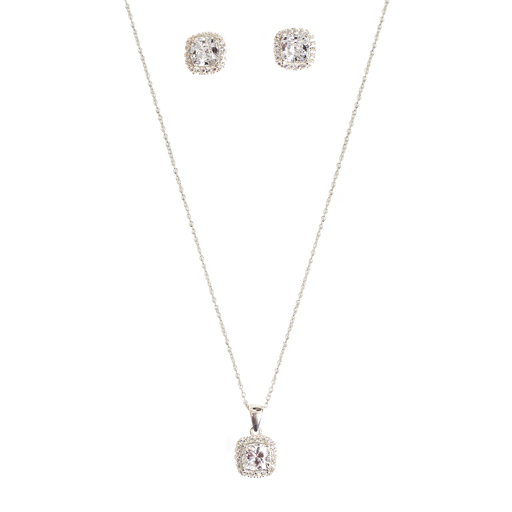 Cubic Zirconia Silver Pave Short Pendant 925 Steling Silver Set - Image 4
