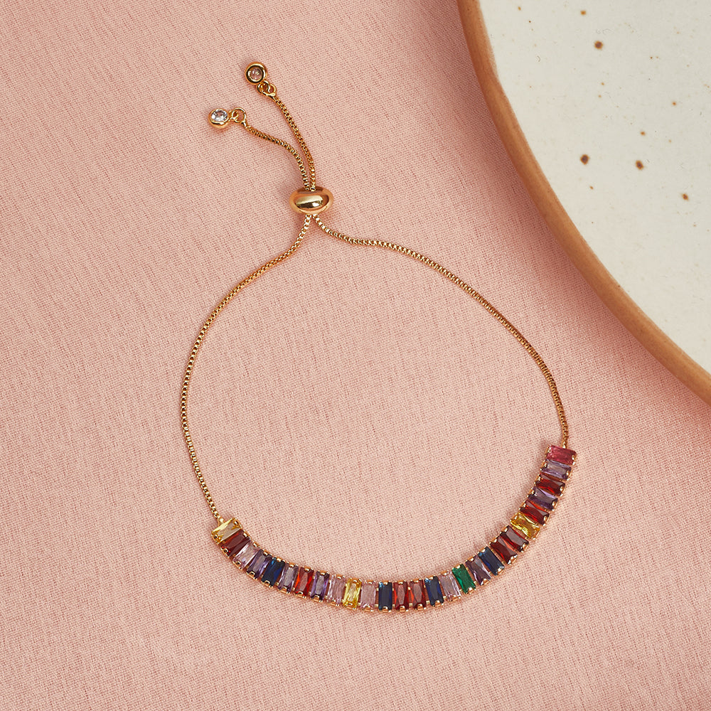 Cushion Cut CZ Adorned Brass Chain Style Gold Plated Bracelet