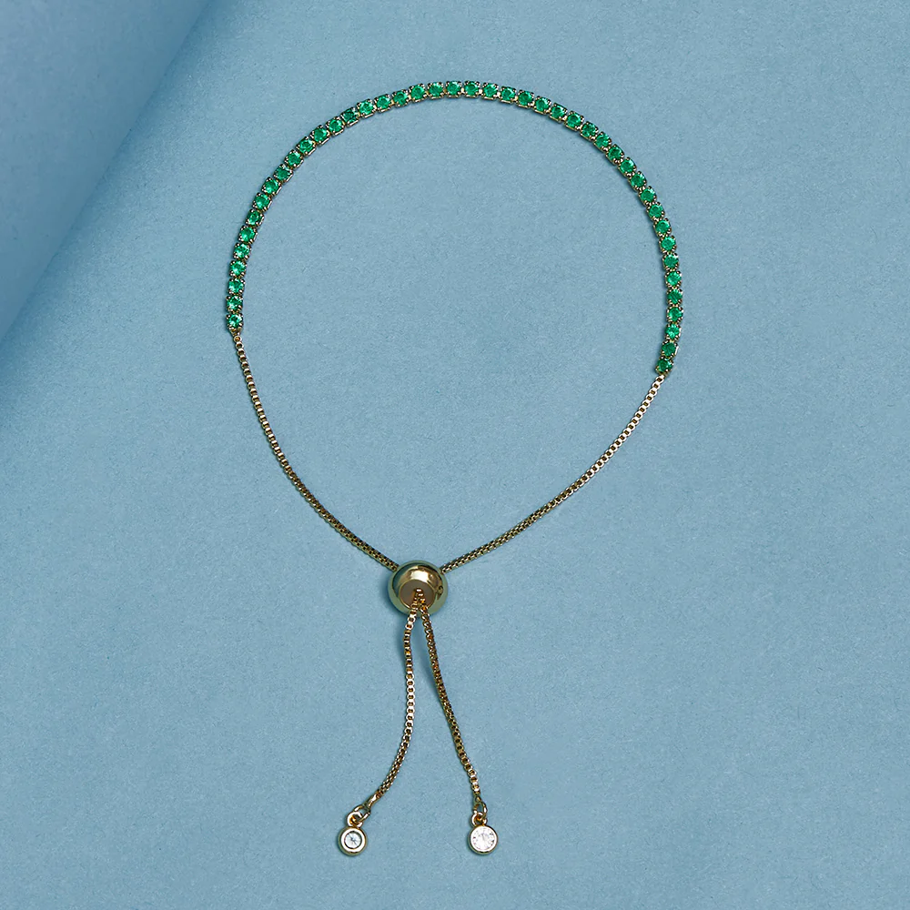 Cushion Setting Green CZ Adorned Gold Plated Chain Brass Bracelet