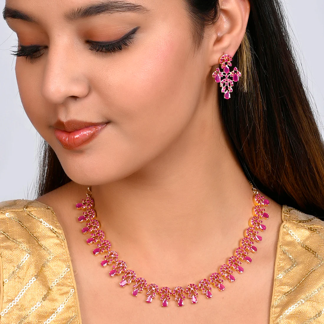 Cutwork Design Pink Zircon Gemstones Jewellery Set - Image 2