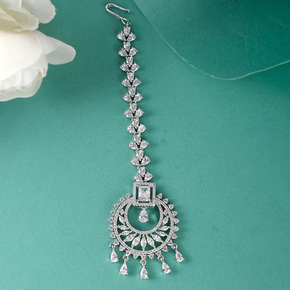 CZ Elegance Clear Zircons Silver Plated Maang Tika
