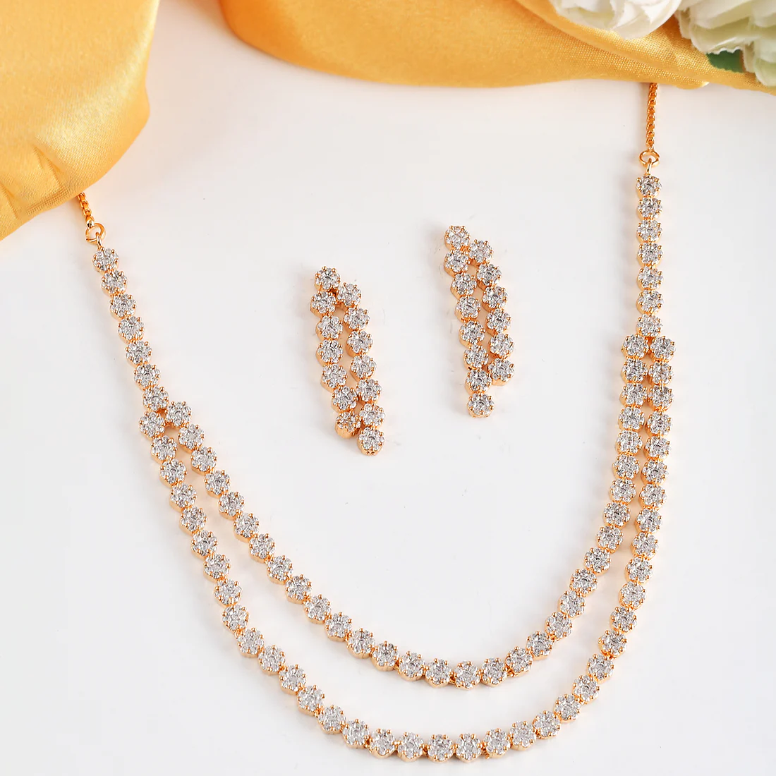 Cz Elegance Double Chain Gold Plated Necklace Set