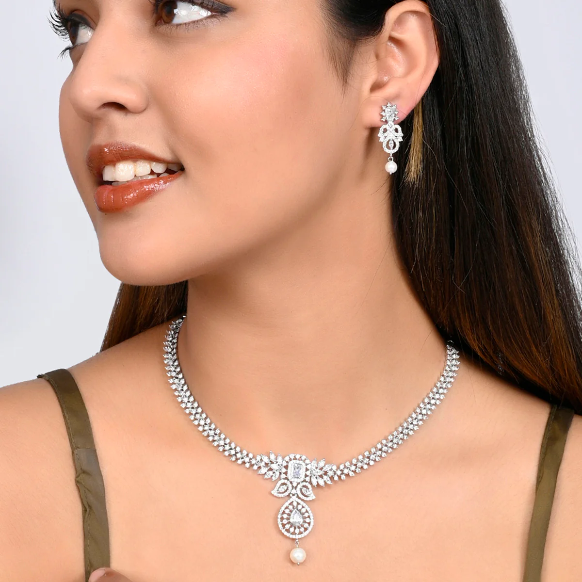 CZ Elegance Floral Motifs Jewellery Set - Image 2